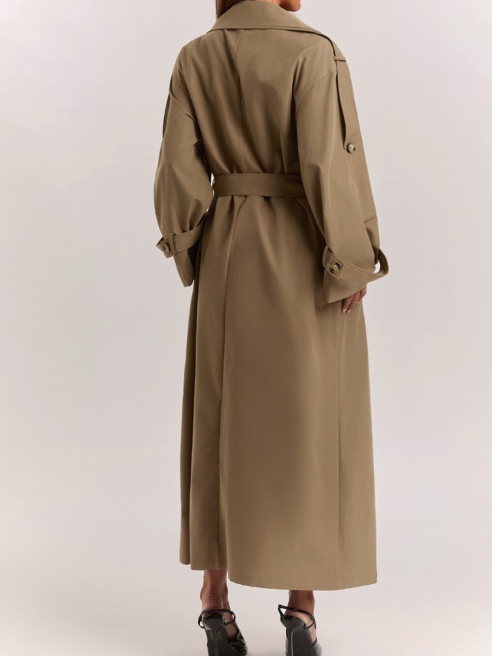 Khaki Elegant Women's Double-Breasted Long Oversized Trench Coat - Picture 2 of 7